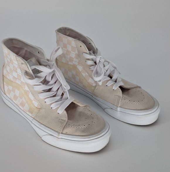 Vans Sk8-Hi Checkerboard High Top Sneakers | Size 9 | Cream White Suede Canvas - Picture 4 of 14